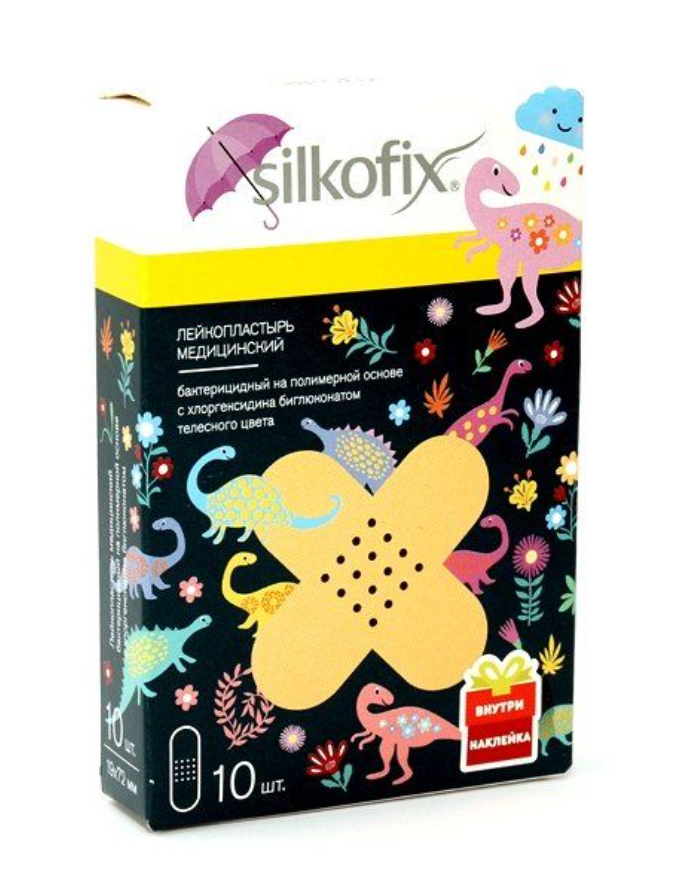 фото упаковки Silkofix Пластырь бактерицидный с хлоргексидином Дино, 1,9см х 7,2см, телесного цвета, 10 шт. фото упаковки Silkofix Пластырь бактерицидный с хлоргексидином Дино