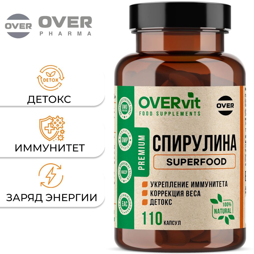 фото упаковки Overvit Спирулина в капсулах, для похудения, детокс, очищение организма, для иммунитета, суперфуд