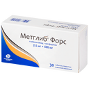 Метглиб Форс, 2.5 мг+500 мг, таблетки, покрытые пленочной оболочкой, 30 шт.