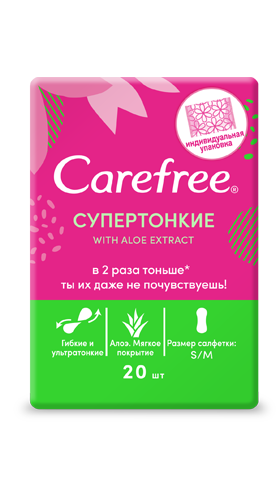 Carefree Aloe Extract Супертонкие ежедневные салфетки, прокладки ежедневные, в индивидуальных упаковках, 20 шт.